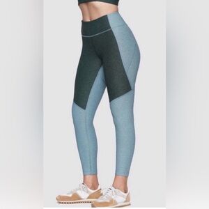 Outdoor Voices Two-Tone High-Rise Leggings in Evergreen and Seafoam